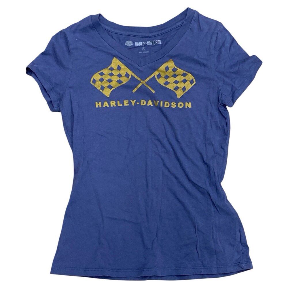 Harley Davidson V Neck Checkered Flags Biker T-Shirt Women's Size S Blue